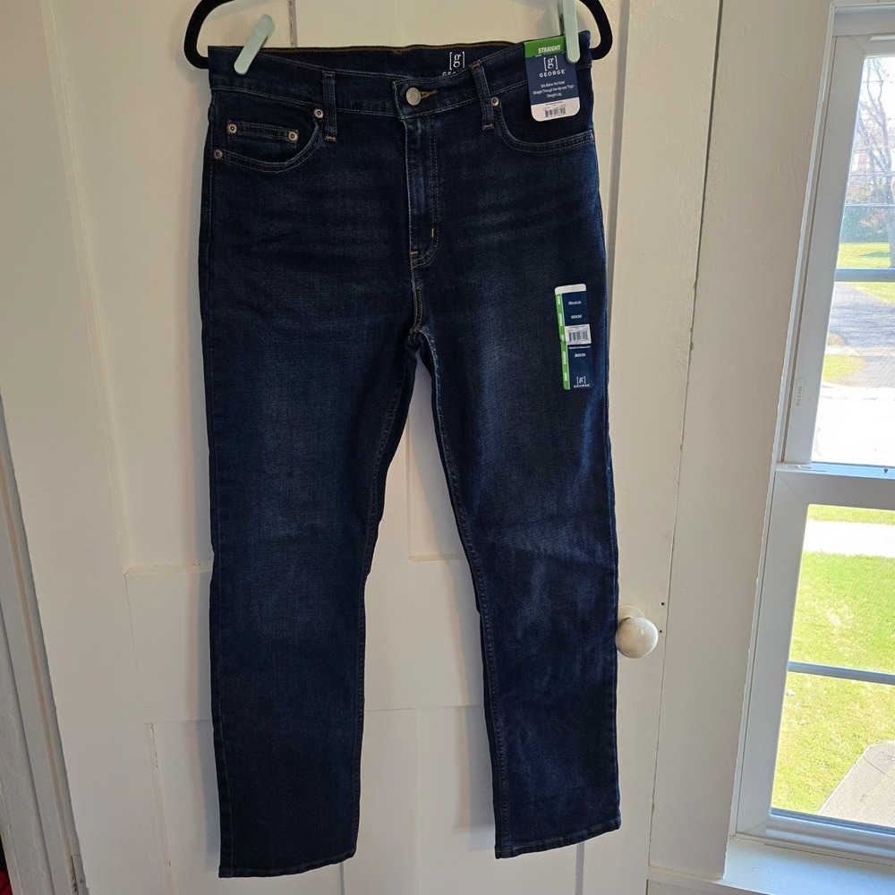 George Mens Straight Fit Stretch Jeans Dark Wash Indigo, 30x30, NEW with Tags